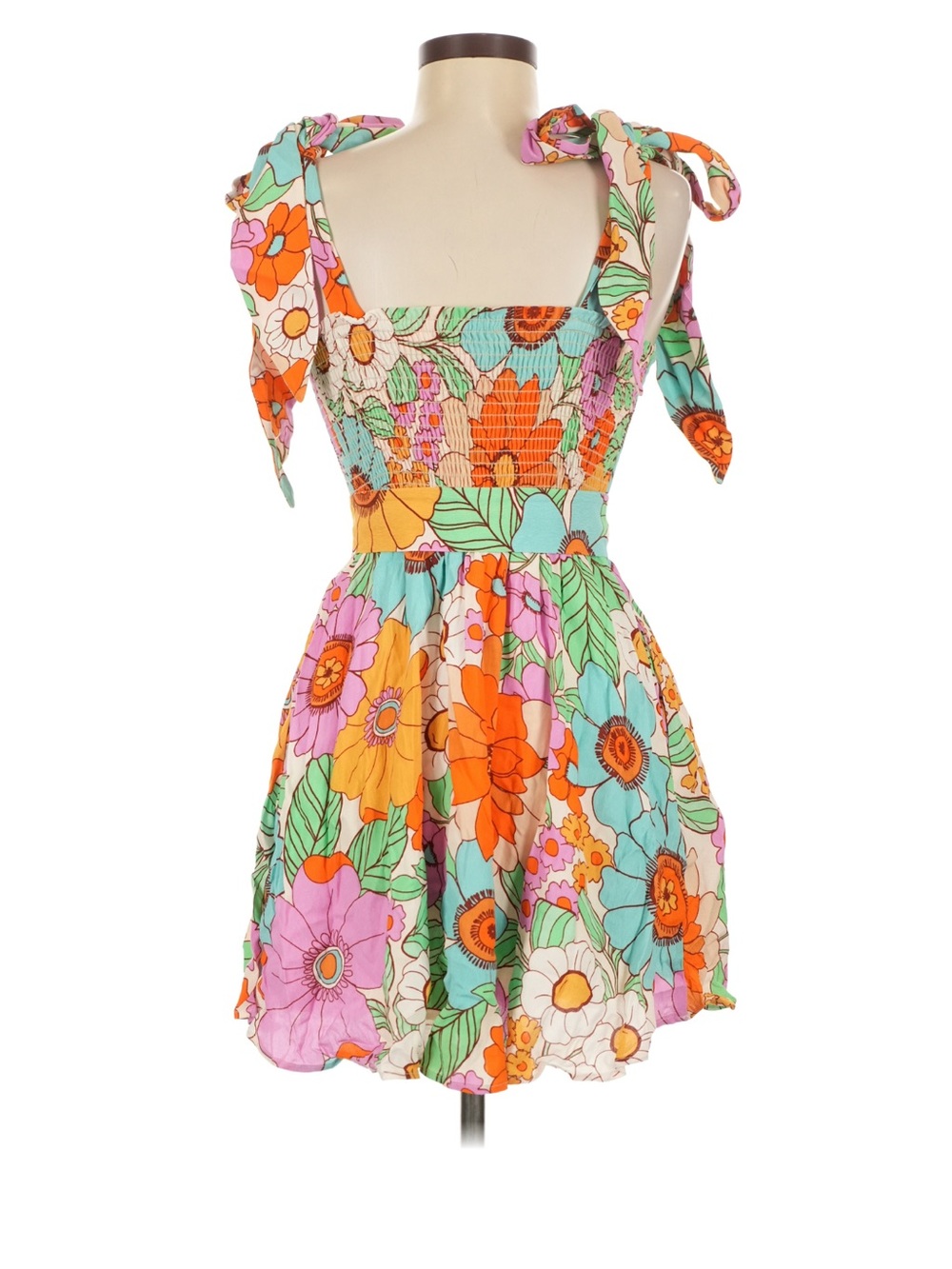 Show Me Your MuMu Floral Tie-Shoulder Mini Dress in Pink, Orange & Aqua - Picture 2 of 2